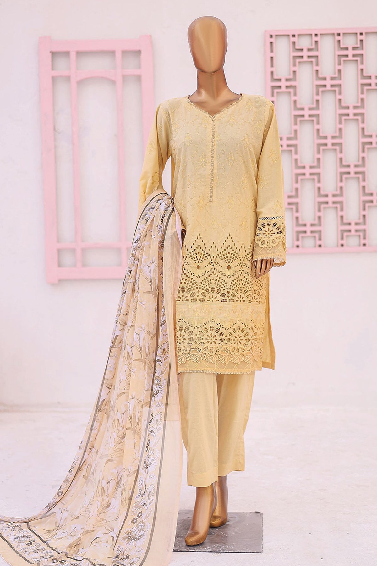 Bin Saeed Stitched 3 Piece Emb Chikankari Lawn Collection'2024-LF-707-Cream