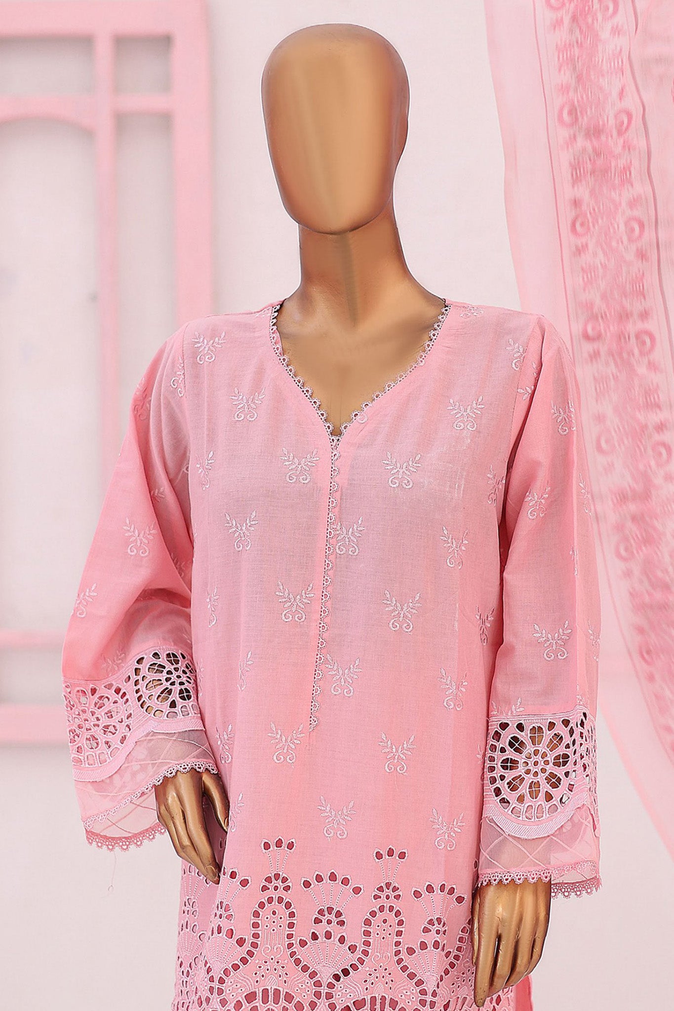 Bin Saeed Stitched 3 Piece Emb Chikankari Lawn Collection'2024-LF-709-Pink