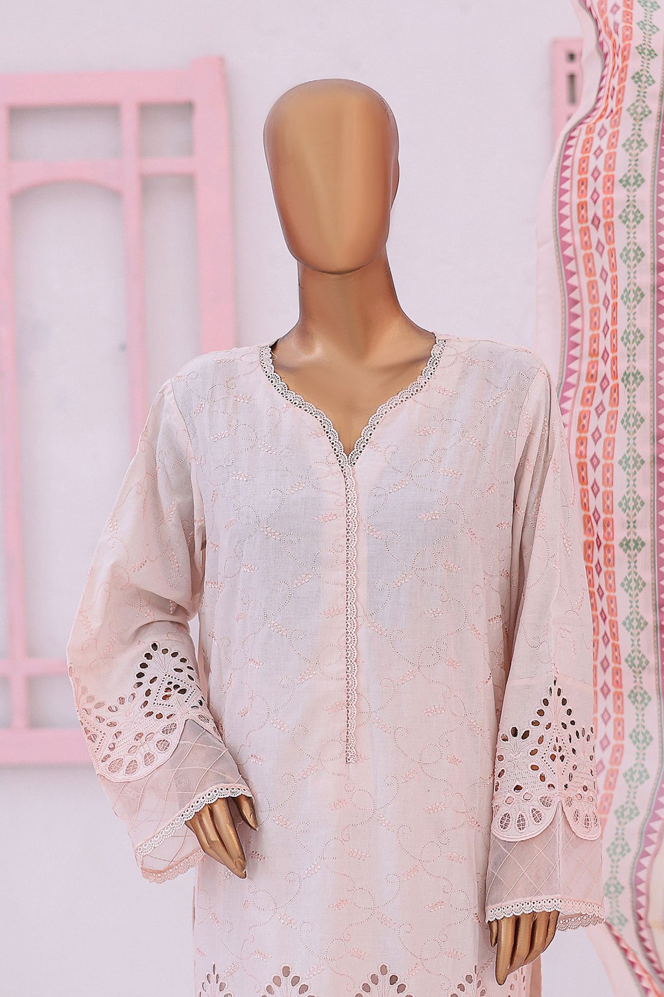 Bin Saeed Stitched 3 Piece Emb Chikankari Lawn Collection'2024-LF-712-Peach