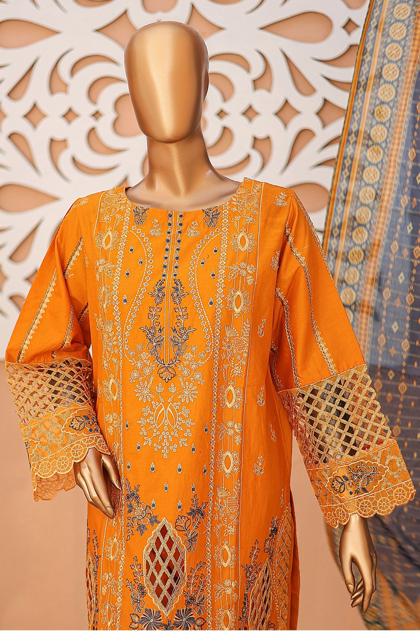 Bin Saeed Stitched 3 Piece Luxury Emb Lawn Collection'2024-LF-742-Orange