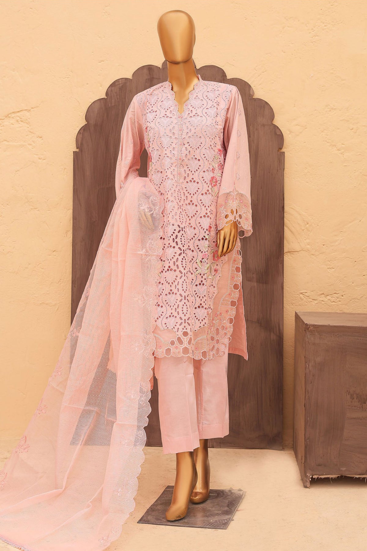 Hoor By Bin Saeed Stitched 3 Piece Festive 3D Flower Cutwork Kari Emb Lawn Collection'2024-LF-820-Pink