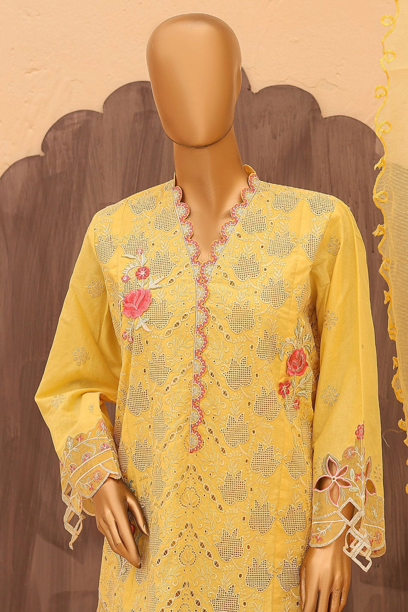 Hoor By Bin Saeed Stitched 3 Piece Festive 3D Flower Cutwork Kari Emb Lawn Collection'2024-LF-821-Yellow