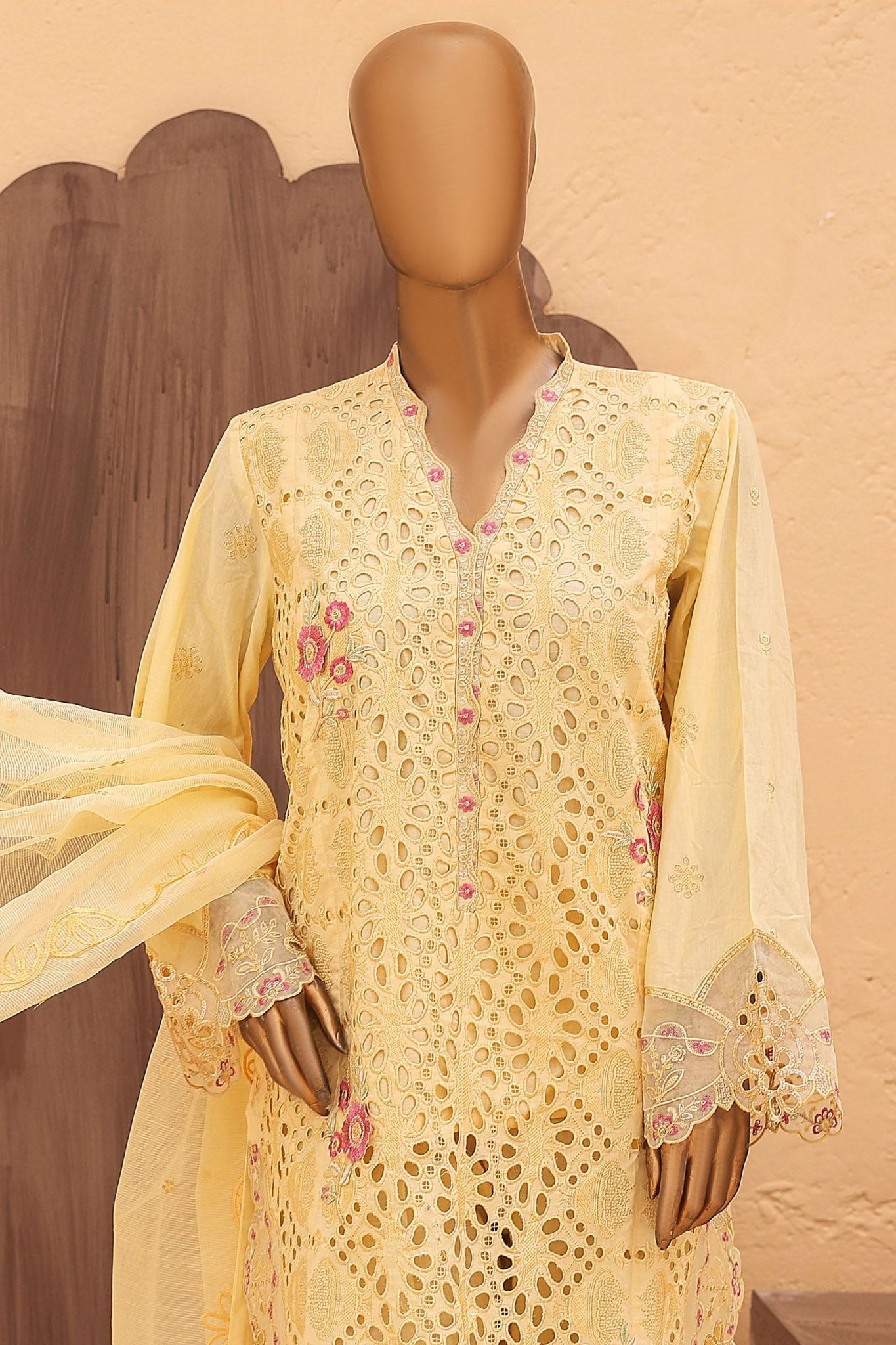 Hoor By Bin Saeed Stitched 3 Piece Festive 3D Flower Cutwork Kari Emb Lawn Collection'2024-LF-822-Yellow