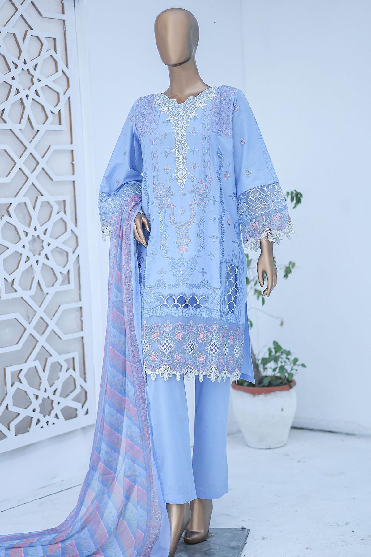 Bin Saeed Stitched 3 Piece Luxury Emb Cotton Collection'2024-LF-953-Blue