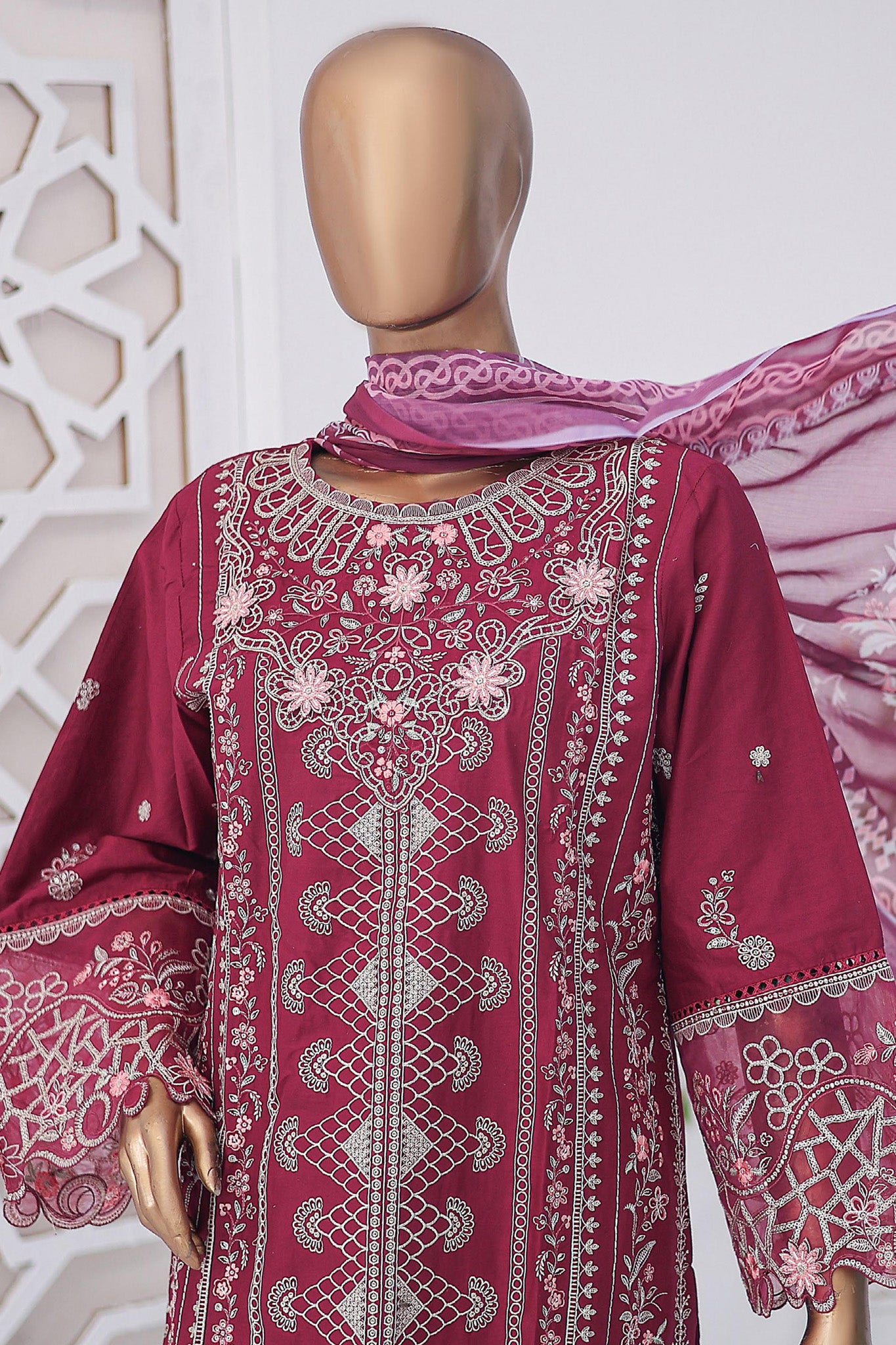 Bin Saeed Stitched 3 Piece Luxury Emb Cotton Collection'2024-LF-954-Maroon