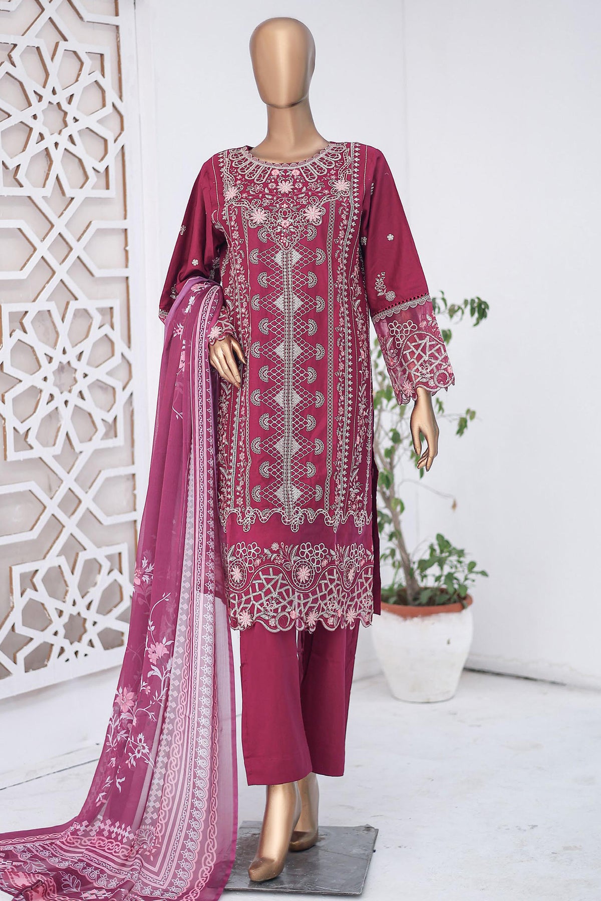 Bin Saeed Stitched 3 Piece Luxury Emb Cotton Collection'2024-LF-954-Maroon