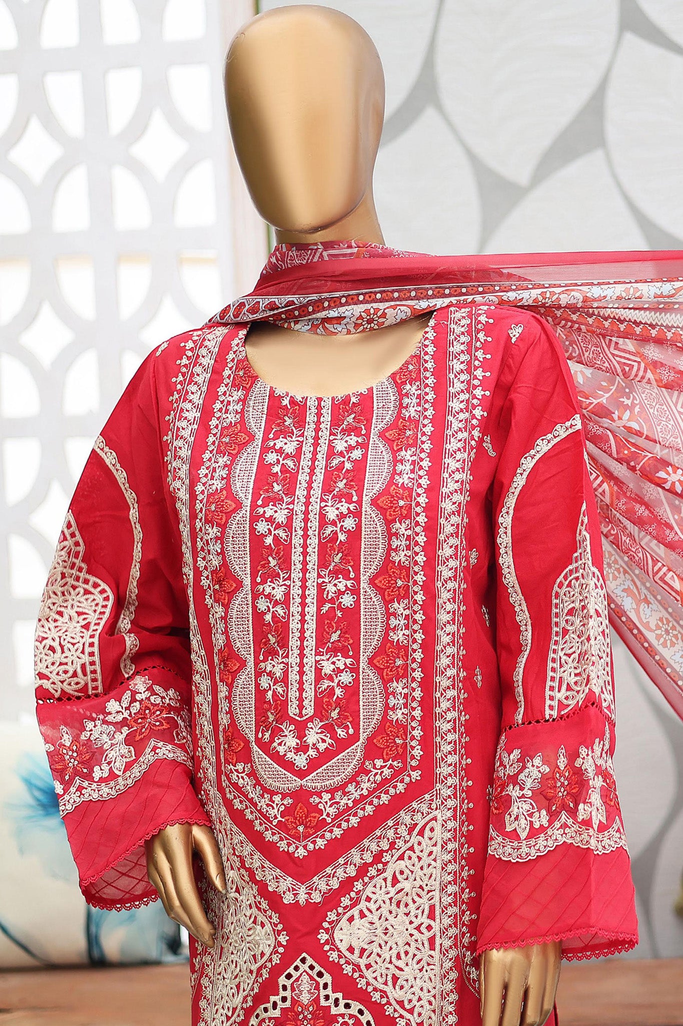 Bin Saeed Stitched 3 Piece Luxury Emb Cotton Collection'2024-LF-956-Red