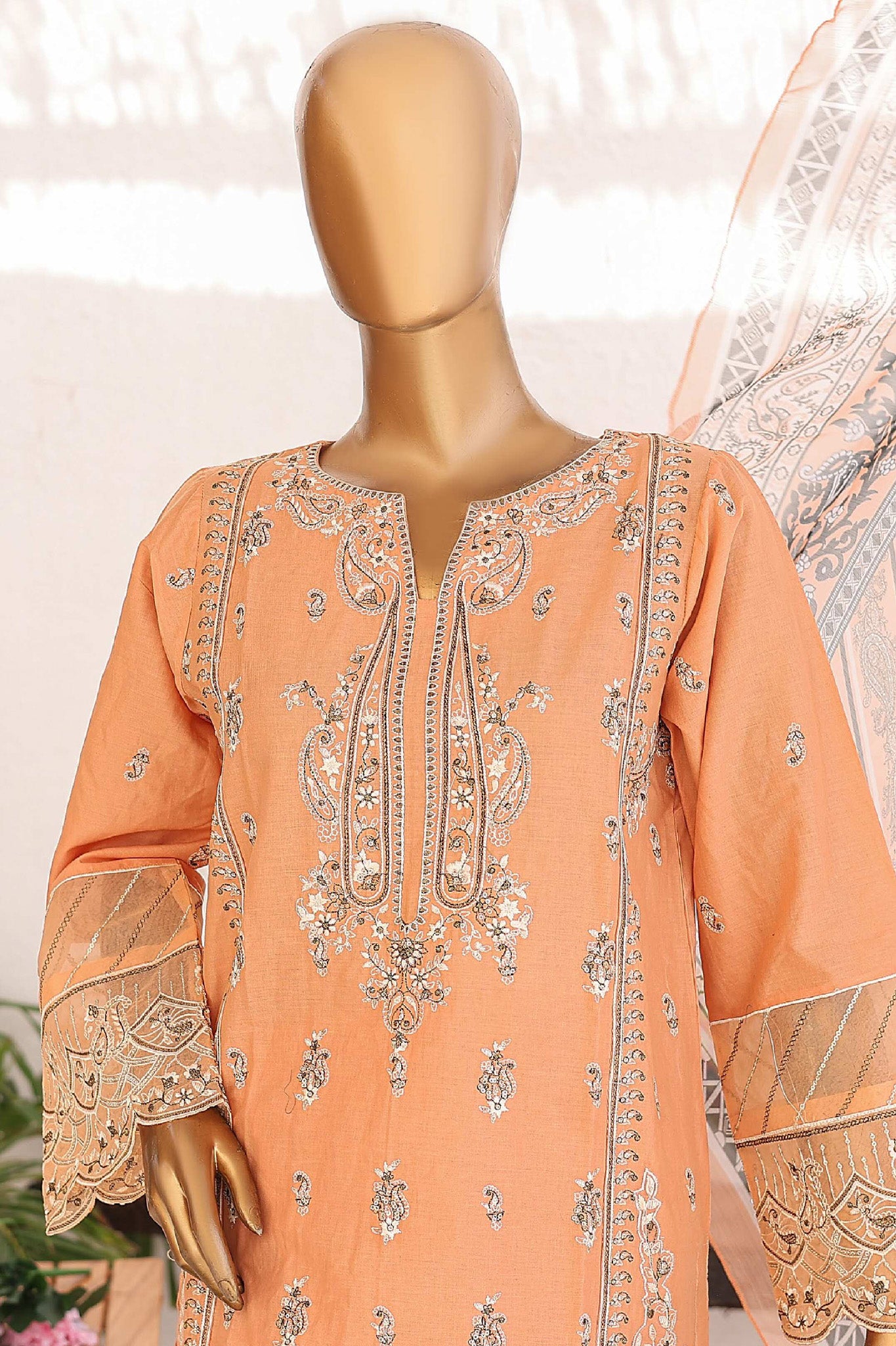 Bin Saeed Stitched 3 Piece Luxury Emb Lawn Vol-02 Collection'2024-LF-969-Peach