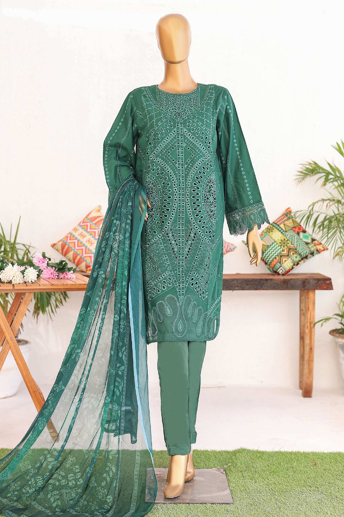 Bin Saeed Stitched 3 Piece Luxury Emb Lawn Vol-02 Collection'2024-LF-971-Green