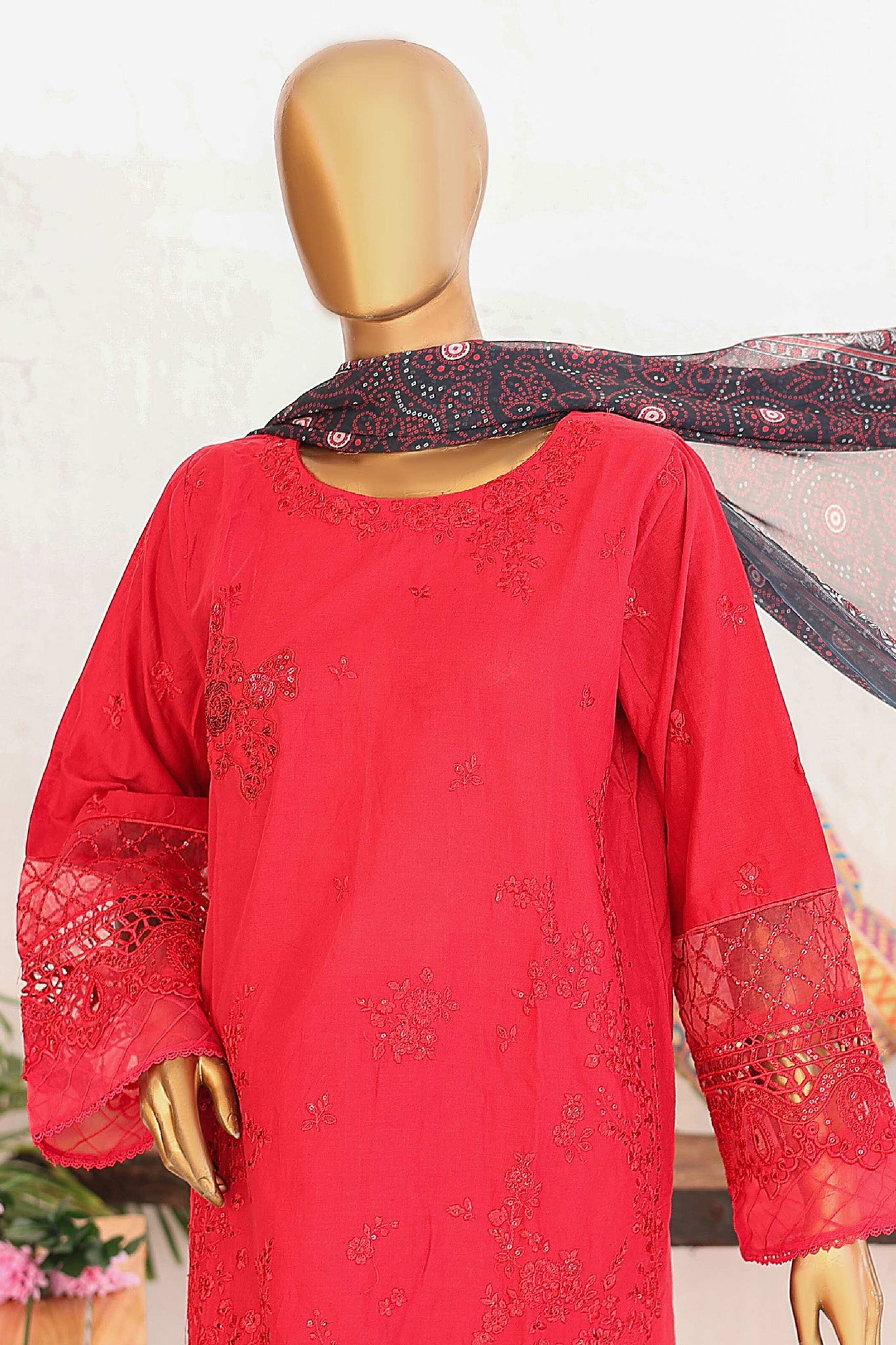 Bin Saeed Stitched 3 Piece Luxury Emb Lawn Vol-02 Collection'2024-LF-972-Red