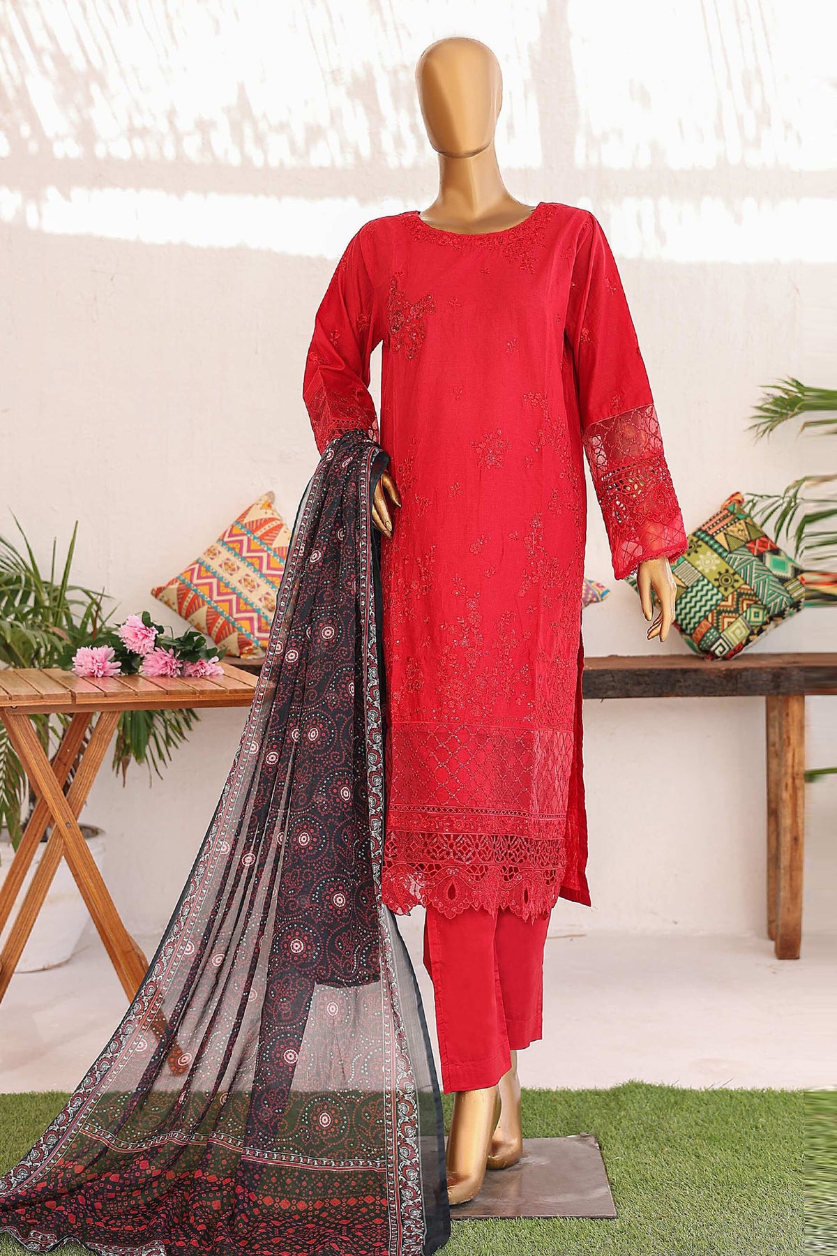 Bin Saeed Stitched 3 Piece Luxury Emb Lawn Vol-02 Collection'2024-LF-972-Red