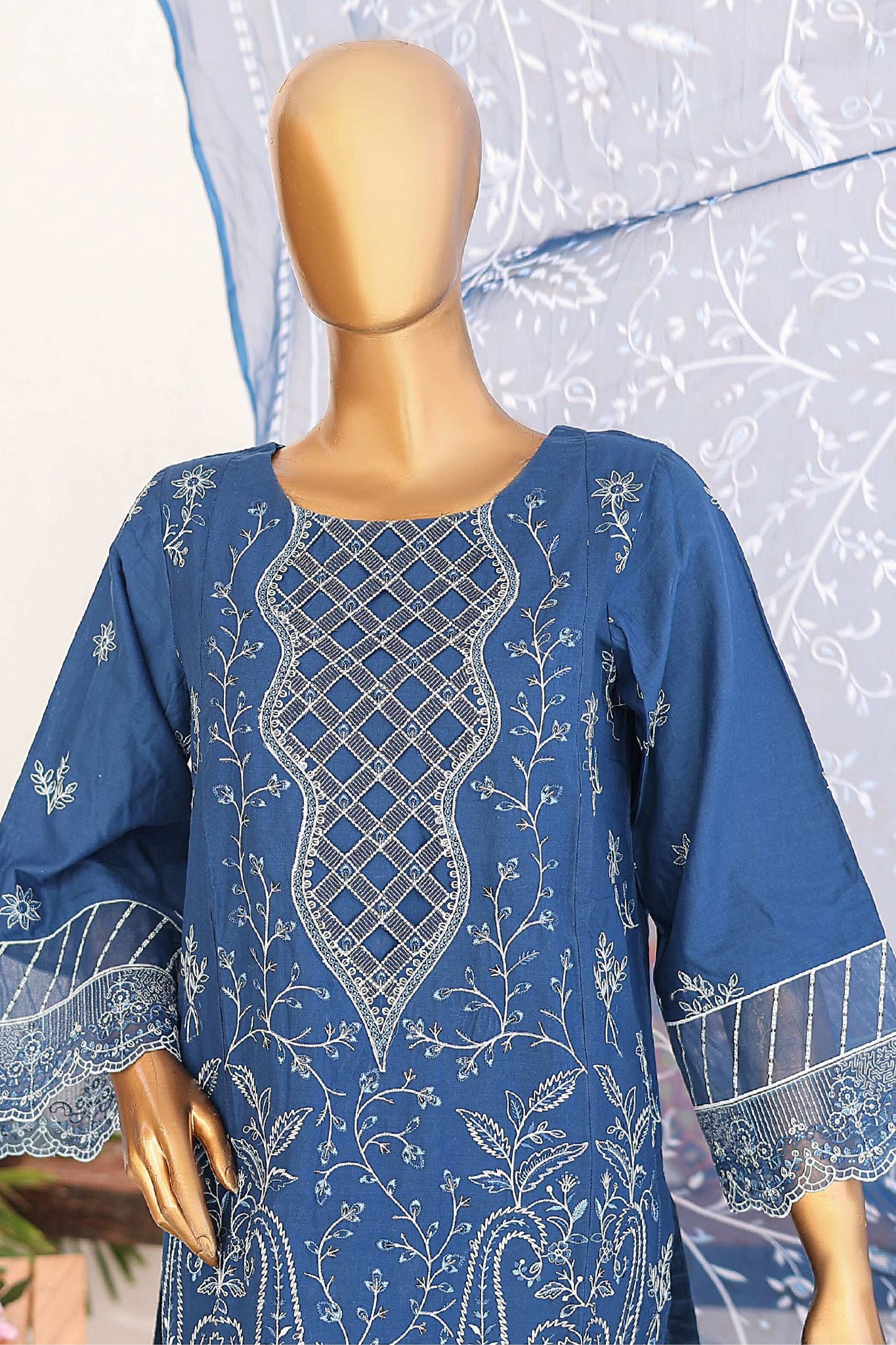 Bin Saeed Stitched 3 Piece Luxury Emb Lawn Vol-02 Collection'2024-LF-973-Blue