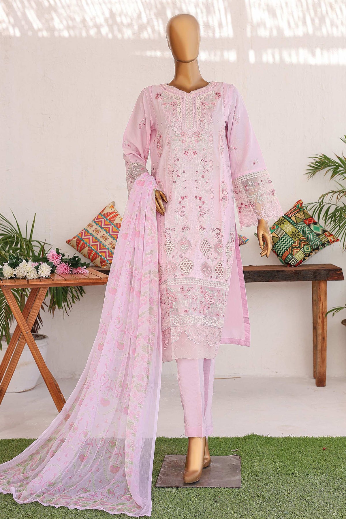 Bin Saeed Stitched 3 Piece Luxury Emb Lawn Vol-02 Collection'2024-LF-974-Pink