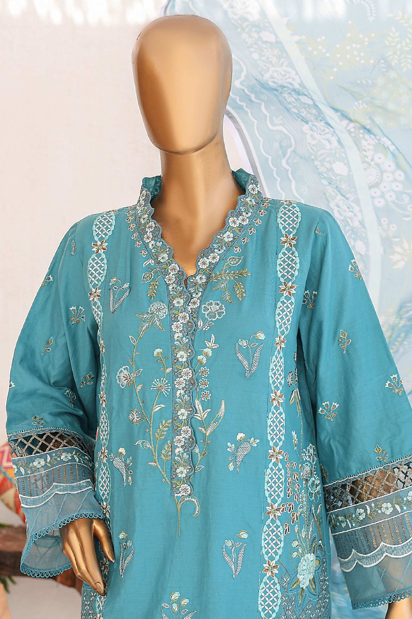 Bin Saeed Stitched 3 Piece Luxury Emb Lawn Vol-02 Collection'2024-LF-975-Ferozi