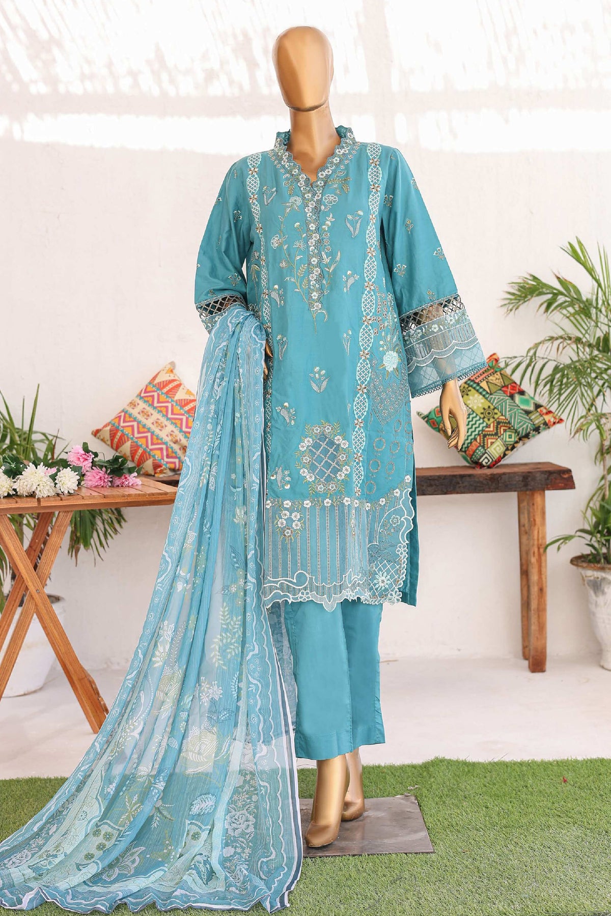 Bin Saeed Stitched 3 Piece Luxury Emb Lawn Vol-02 Collection'2024-LF-975-Ferozi