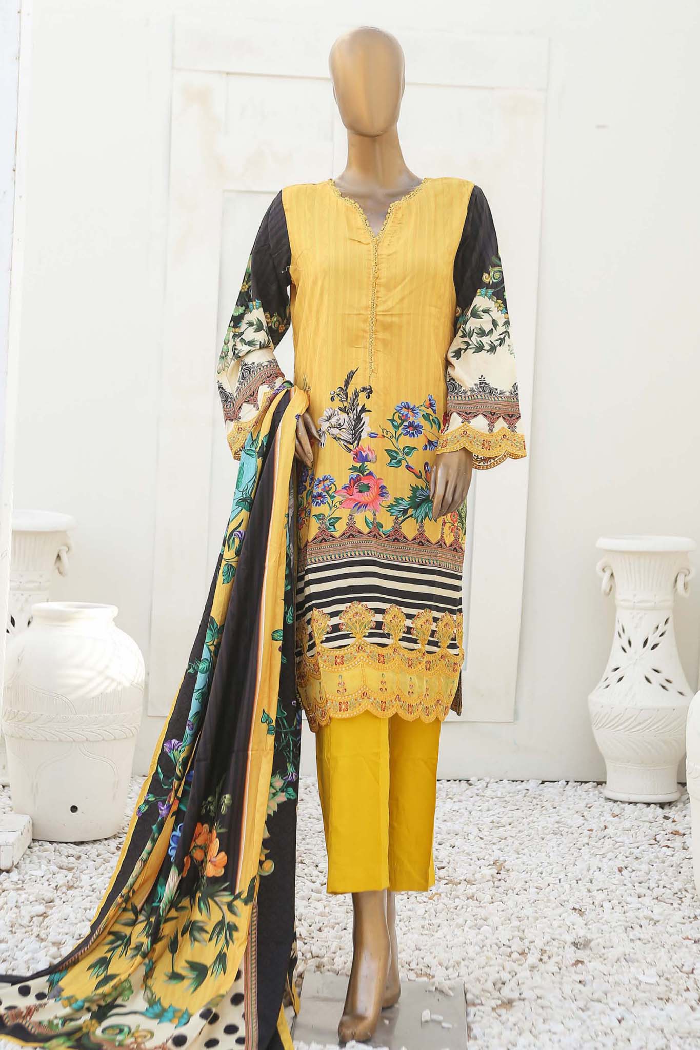Bin Saeed Stitched 3 Piece Embroidered Linen Collection'2023-LIN-5441-Yellow