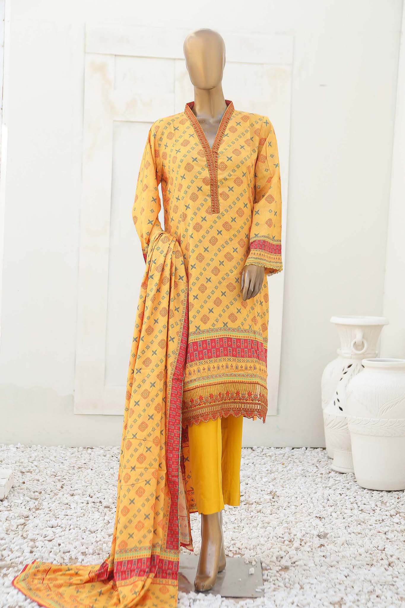 Bin Saeed Stitched 3 Piece Embroidered Linen Collection'2023-LIN-5843-Yellow