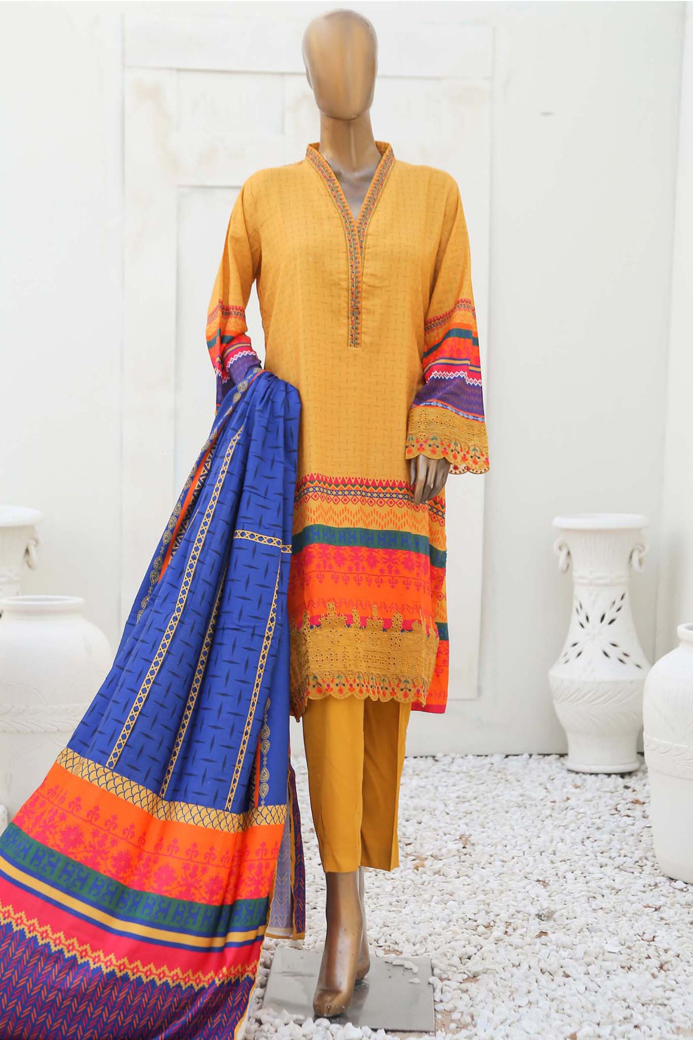 Bin Saeed Stitched 3 Piece Embroidered Linen Collection'2023-LIN-6540-Yellow