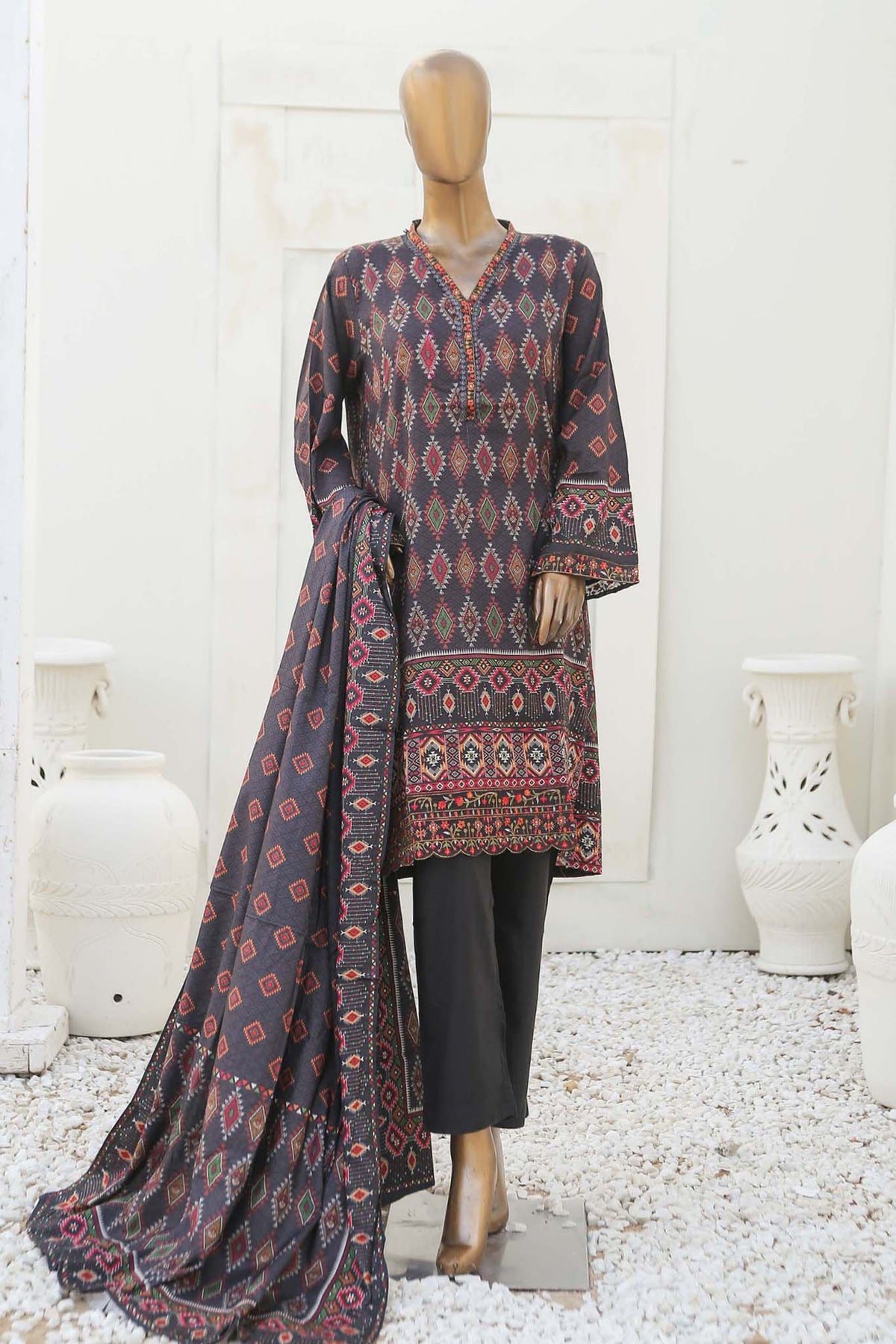 Bin Saeed Stitched 3 Piece Embroidered Linen Collection'2023-LIN-6541-Grey