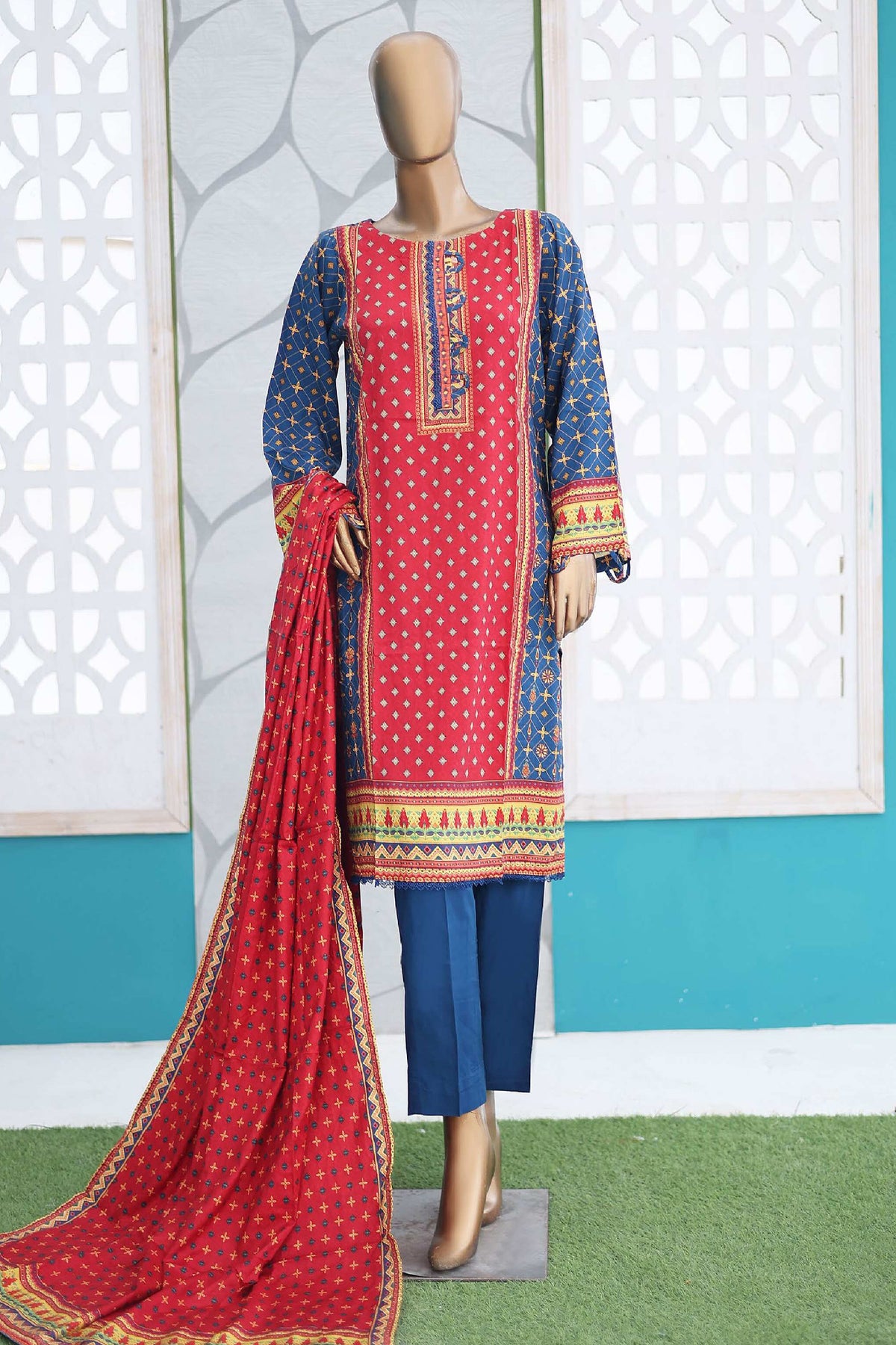 Bin Saeed Stitched 3 Piece Linen Winter Collection'2024-LIN-996-Red