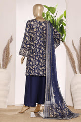 Bin Saeed Stitched 3 Piece Exc Emb Lawn Short Length With Bell Bottom-LSM-3007-BLUE