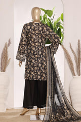 Bin Saeed Stitched 3 Piece Exc Emb Lawn Short Length With Broad Flapper-LSM-3048-BLACK