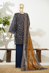 Bin Saeed Stitched 3 Piece Exclusive Lawn with Bellbottom Trouser Vol-02 Suit-LSM-3084-BLUE