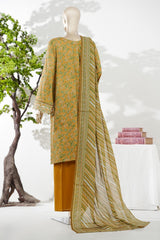 Bin Saeed Stitched 3 Piece Exc Emb Lawn Short Length With Broad Flapper-LSM-3091-Mustard