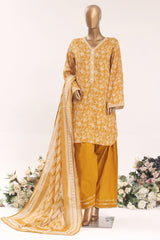 Bin Saeed Stitched 3 Piece Printed Lawn With Farshi Shalwar Vol-03 Suit-LSM-3338-MUSTARD