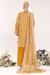 Bin Saeed Stitched 3 Piece Printed Lawn With Farshi Shalwar Vol-03 Suit-LSM-3338-MUSTARD