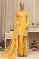 Bin Saeed Stitched 3 Piece Printed Lawn With Farshi Shalwar Vol-04 Suit-LSM-3415-YELLOW
