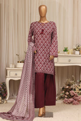 Bin Saeed Stitched 3 Piece Printed Lawn With Farshi Shalwar Vol-04 Suit-LSM-3421-MAROON