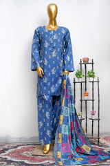 Bin Saeed Stitched 3 Piece Printed Lawn With Farshi Shalwar Vol-04 Suit-LSM-3447-BLUE