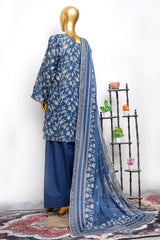 Bin Saeed Stitched 3 Piece Printed Lawn With Farshi Shalwar Vol-04 Suit-LSM-3448-BLUE
