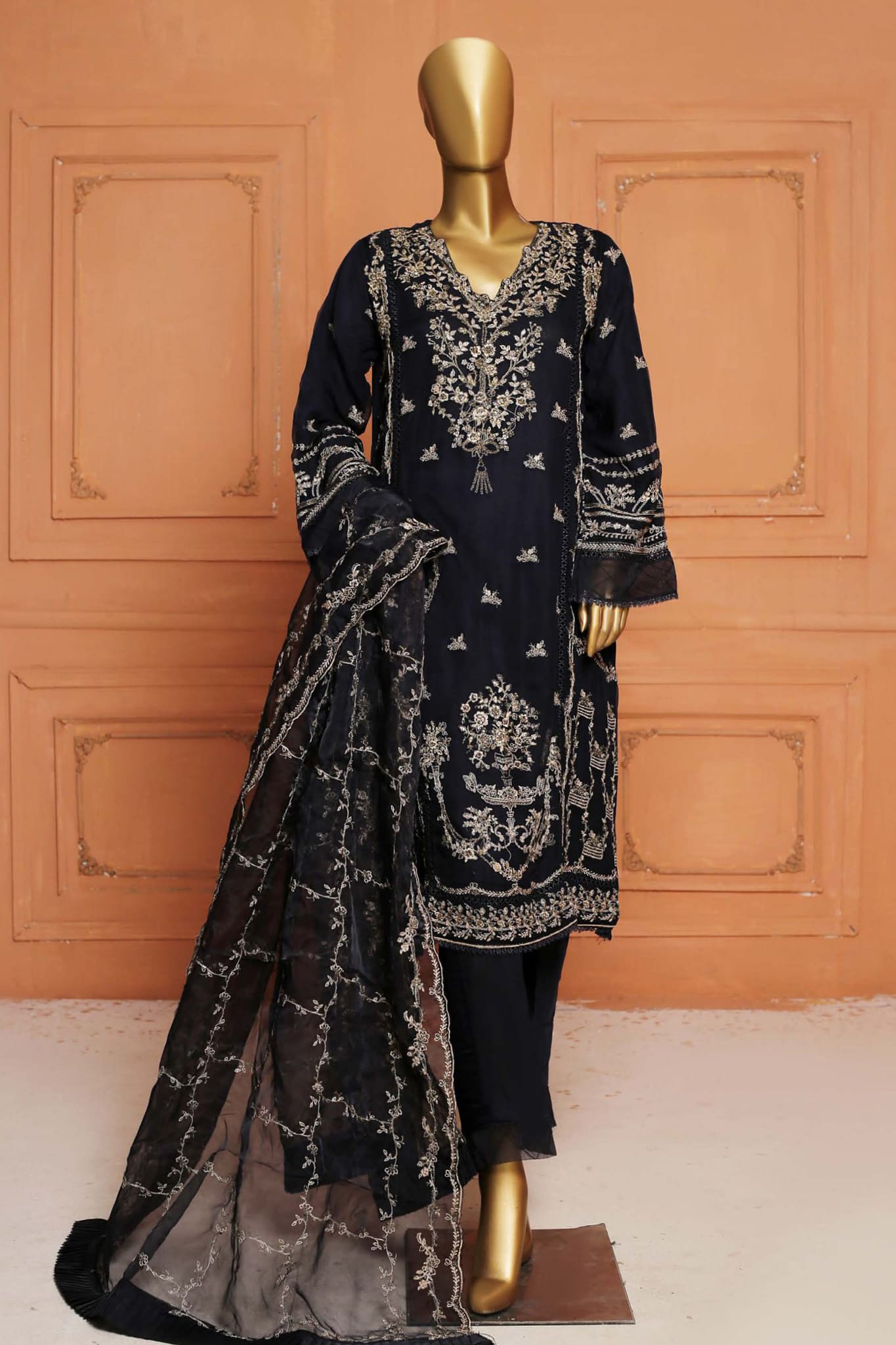 Bin Saeed Stitched 3 Piece Embroidered Organza Collection'2023-MBC-0012-N.Blue