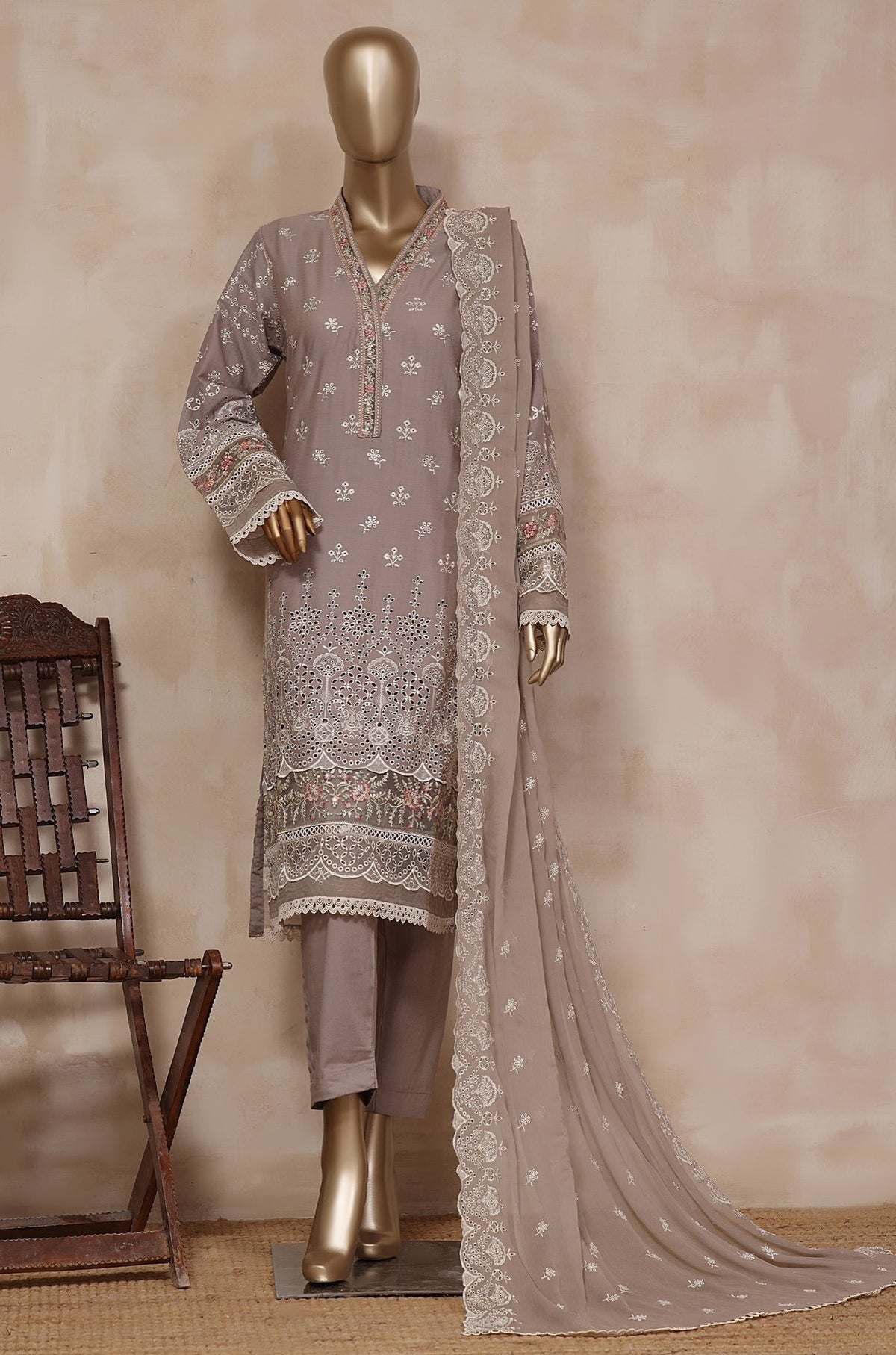 Sada Bahar Stitched 3 Piece Chikankari Collection'2023-MCK-06-Grey
