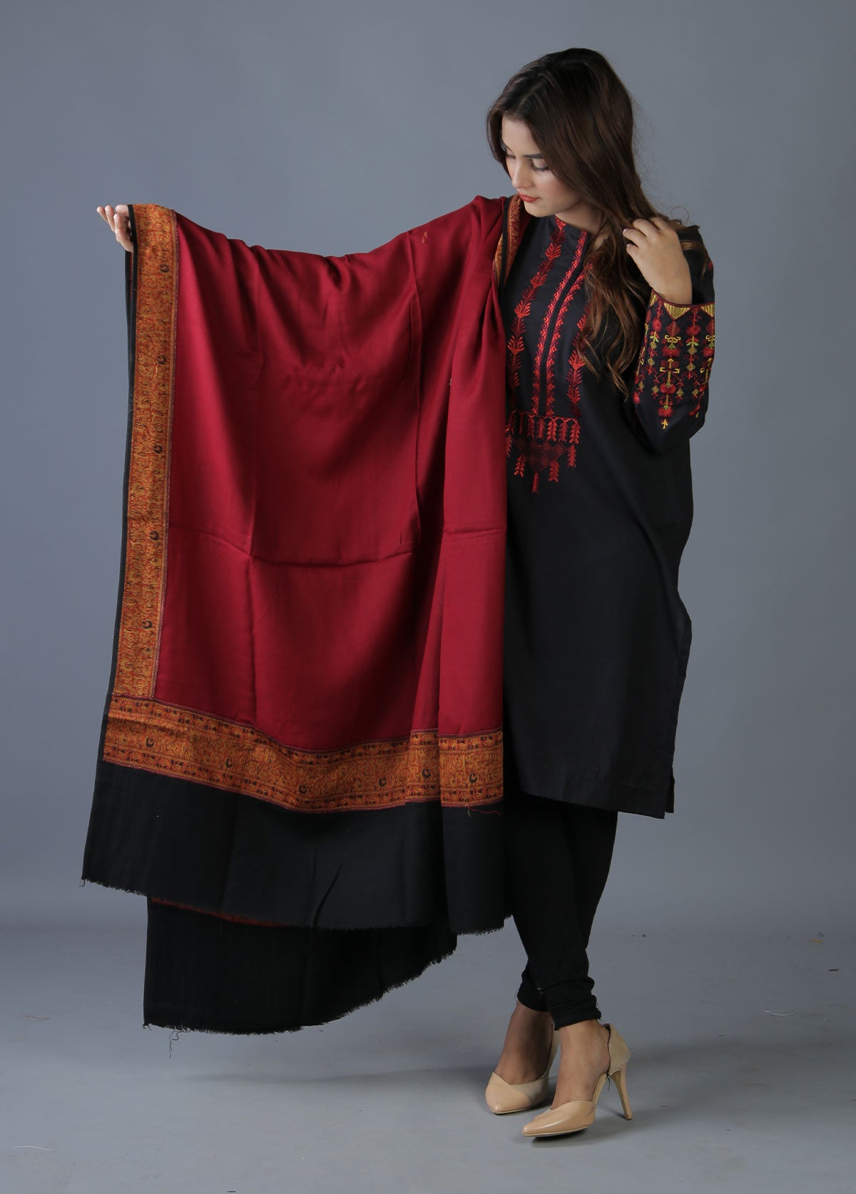Mominas Jacquard Patchwork Shawl - Maroon & Black Border - Mominas - Mominas
