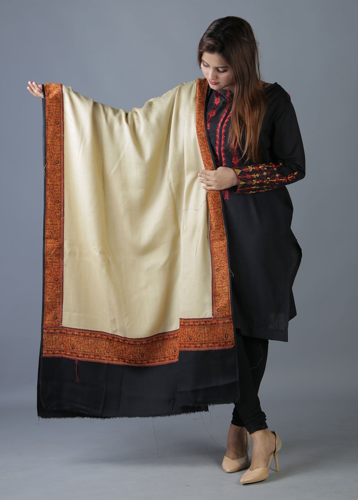 Mominas Jacquard Patchwork Shawl - Skin Beige & Black Border - Mominas