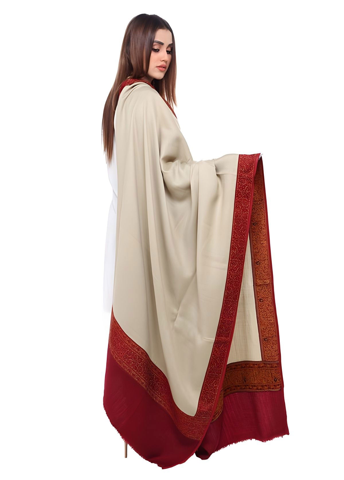 Mominas Jacquard Patchwork Shawl - Skin Beige & Maroon Border