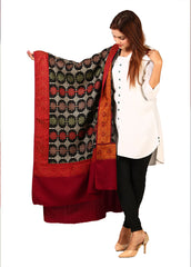 Mominas Jacquard Patchwork Sitara Jaal Shawl - Black Base & Maroon Border