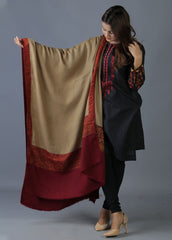Mominas Patchwork Jacquard Shawl - Khaki & Maroon Border
