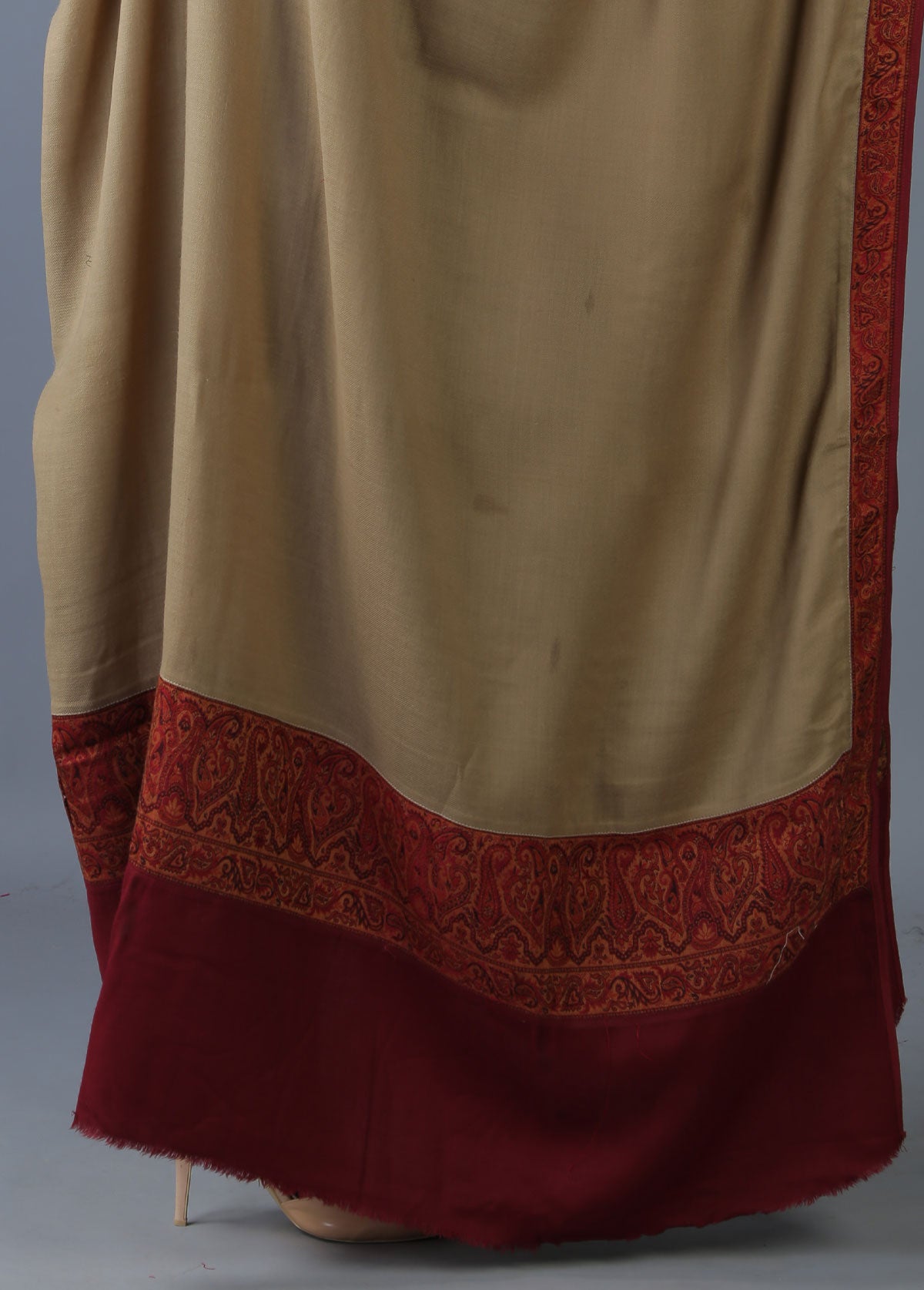 Mominas Patchwork Jacquard Shawl - Khaki & Maroon Border