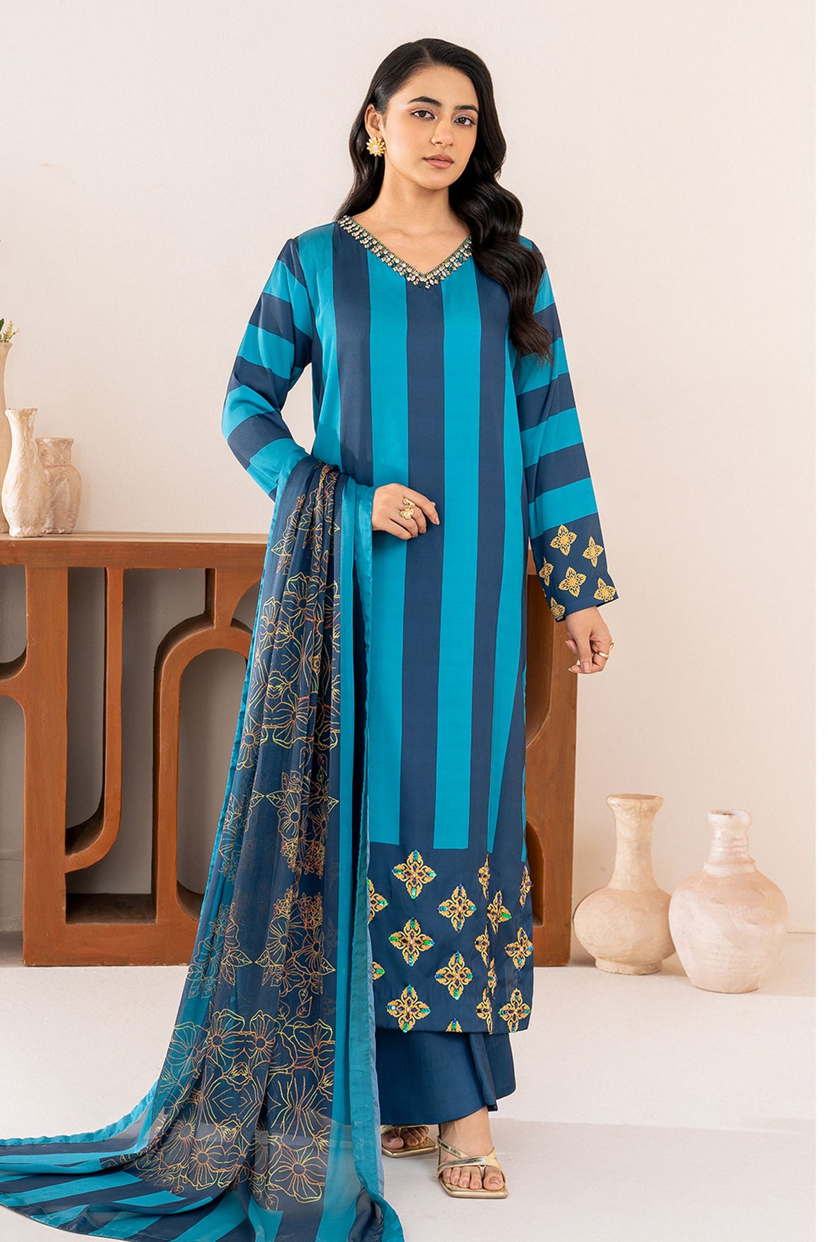 Velora By Stitch Vibes Stitched 3 Piece Collection'2024-Mystic Blue