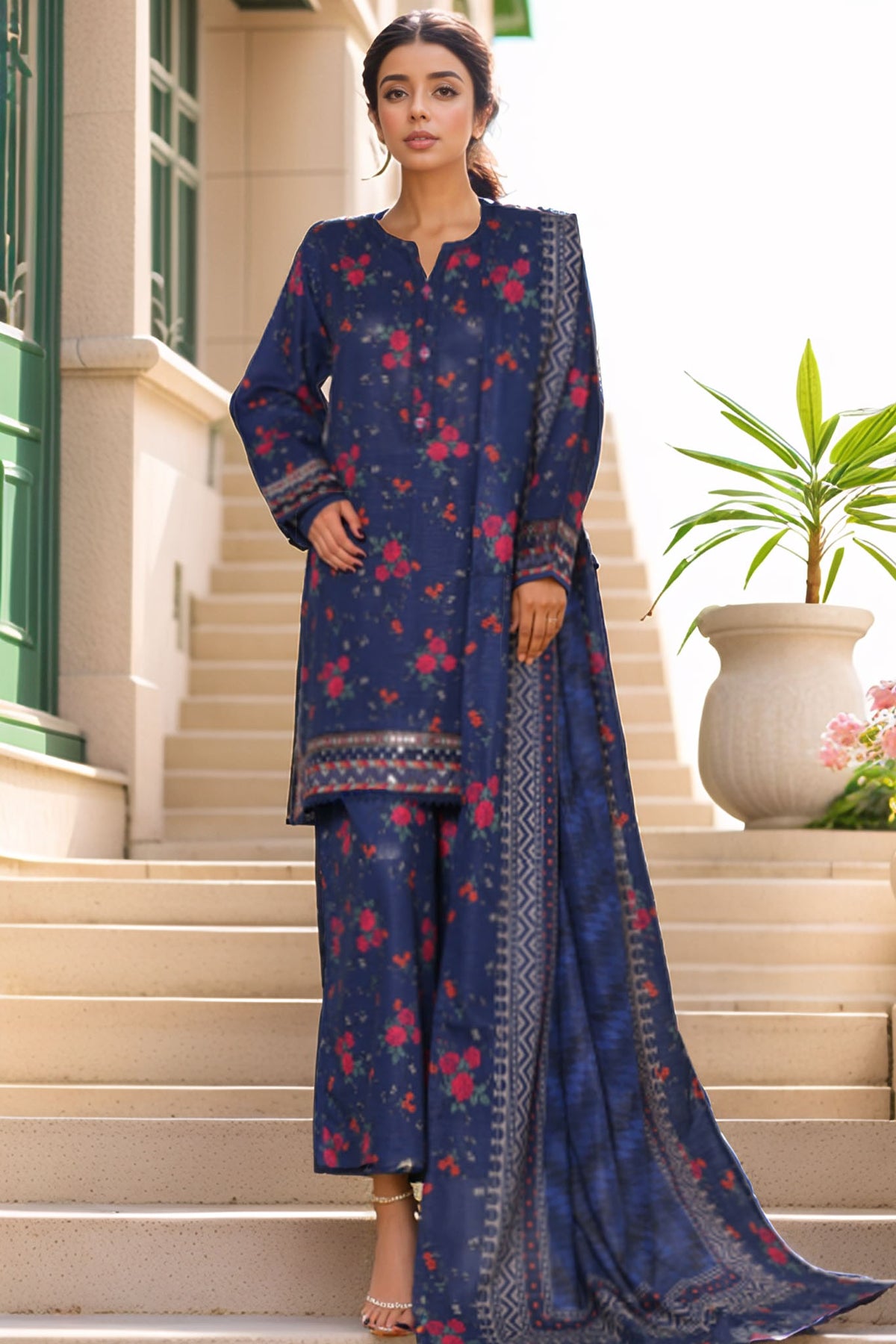 Malika By Sada Bahar Stitched 3 Piece Cutwork Khaddar Vol-01 Collection'2025-5765-Navy Blue