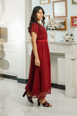 MeBae Stitched Maxi Collection-Maroon Pleated Midi Dress