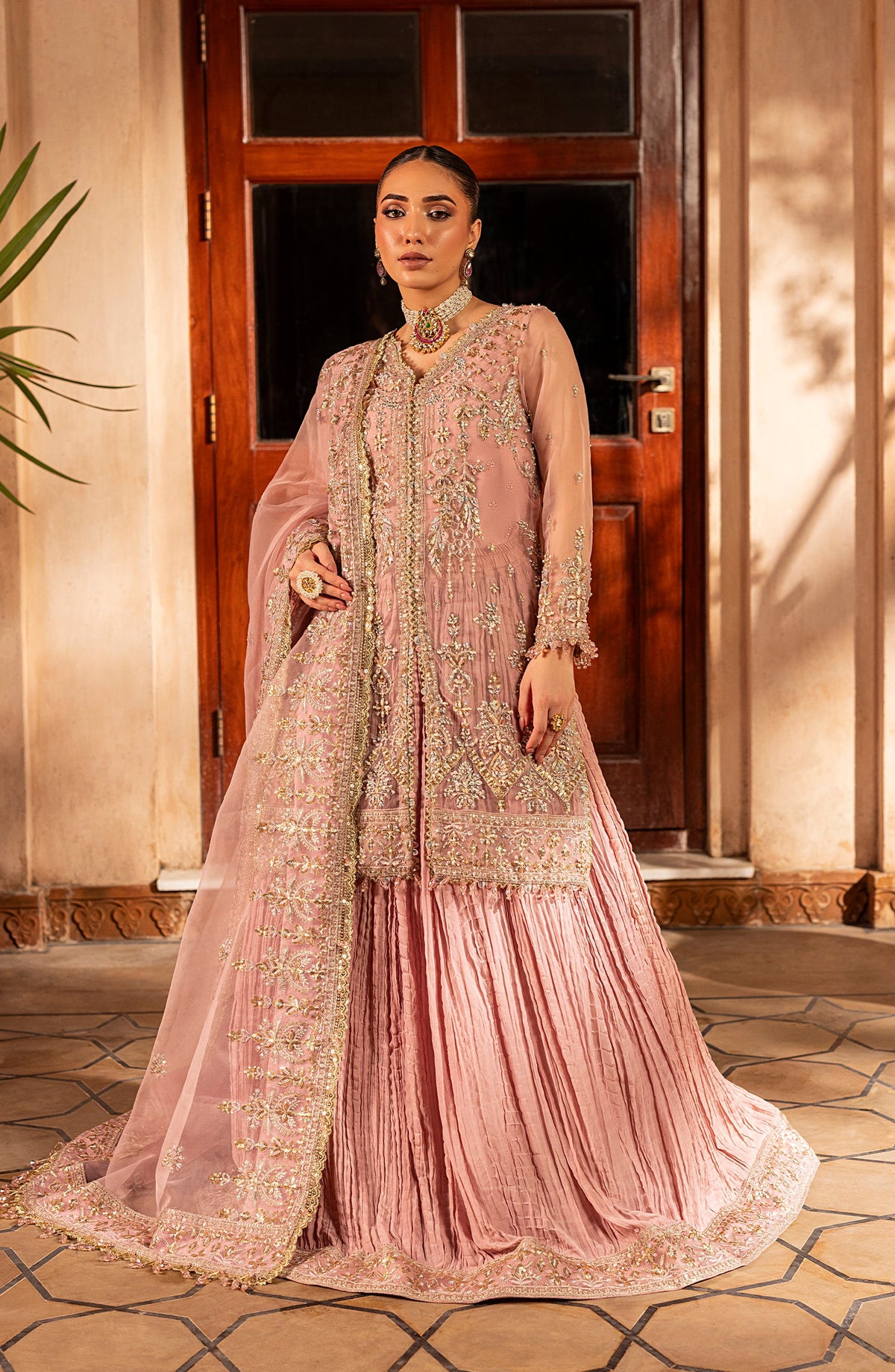 Model front look wearing Aylin Mauve Mist dress in soft mauve tone