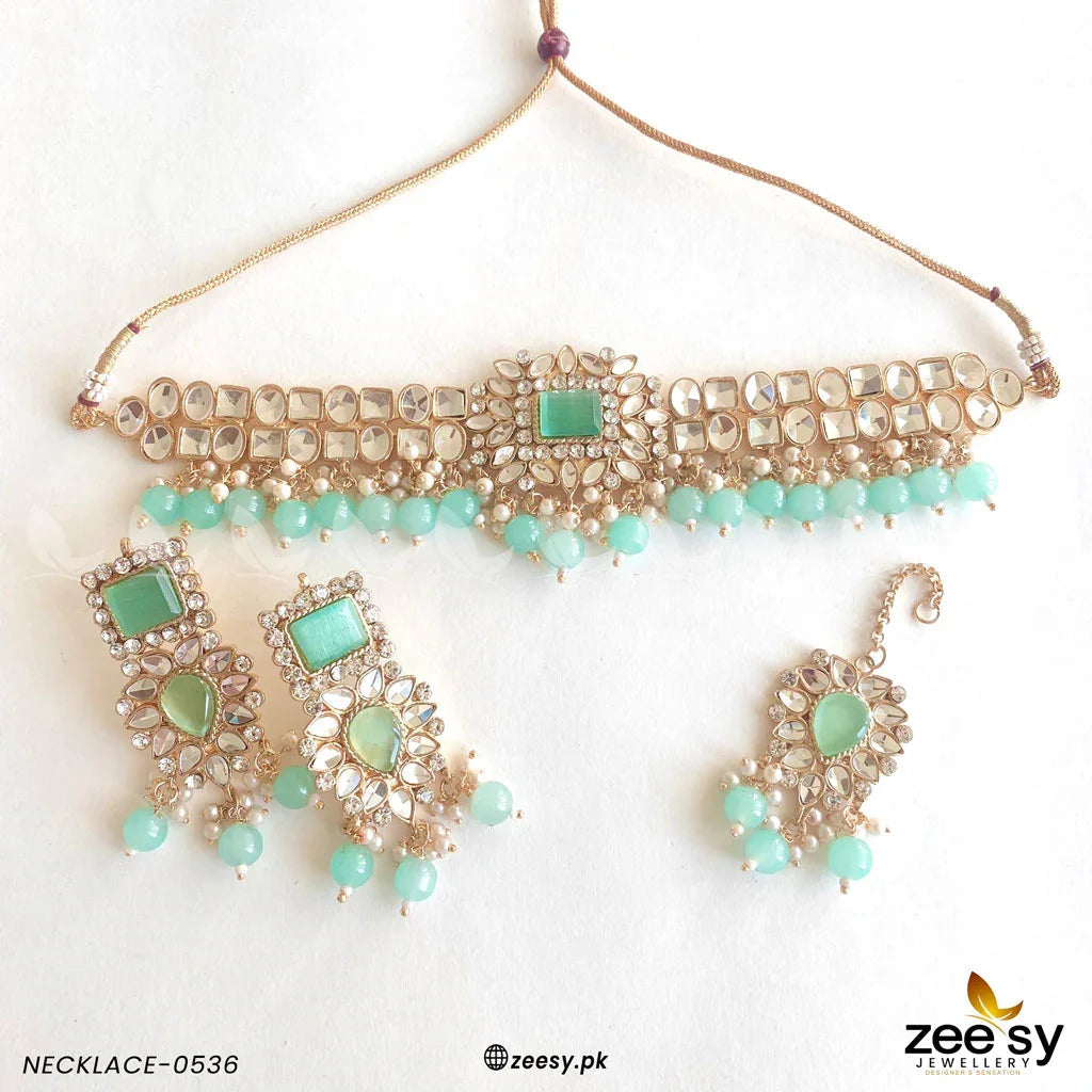 KUNDAN NECKLACE-0536 Mint Green - Zeesy Jewellery