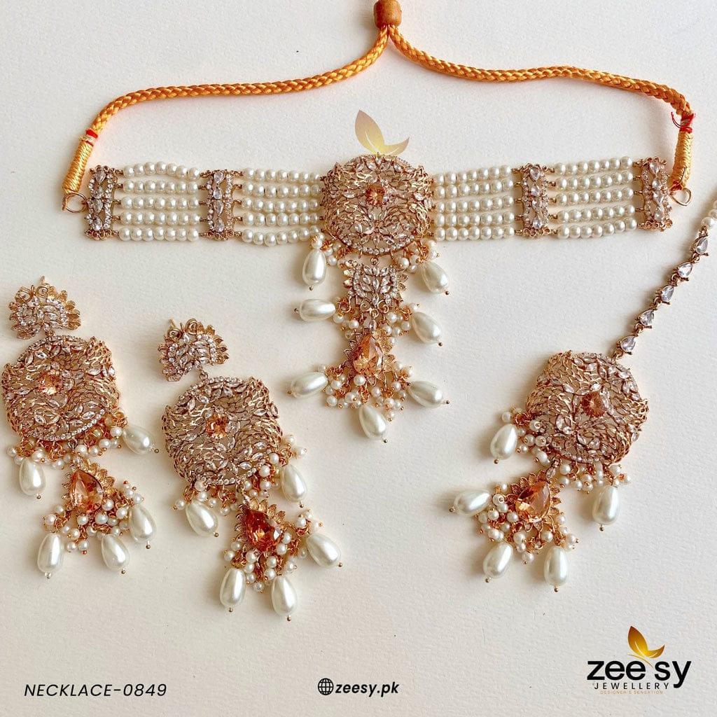 NECKLACE-0849 Pearl Center Stone Champagne - Zeesy Jewellery