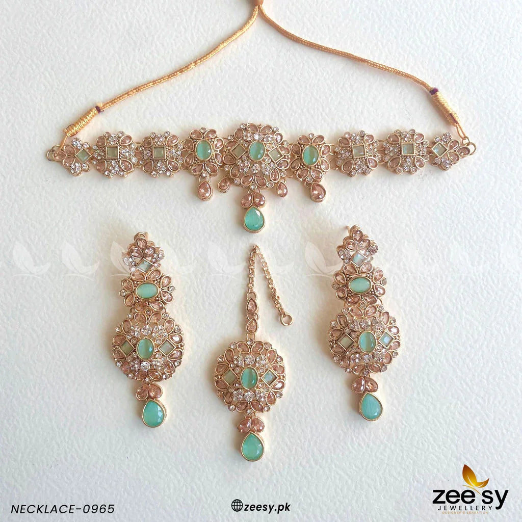NECKLACE-0965 Golden Mint Green - Zeesy Jewellery