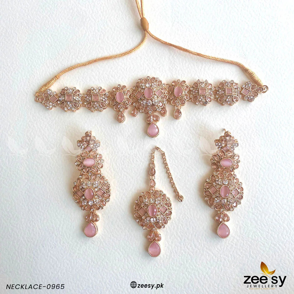 NECKLACE-0965 Golden Mint Pink - Zeesy Jewellery